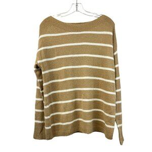 Becaal Women’s Long Sleeve Boat Neck Beige/White Striped Pullover Sweater S Soft
